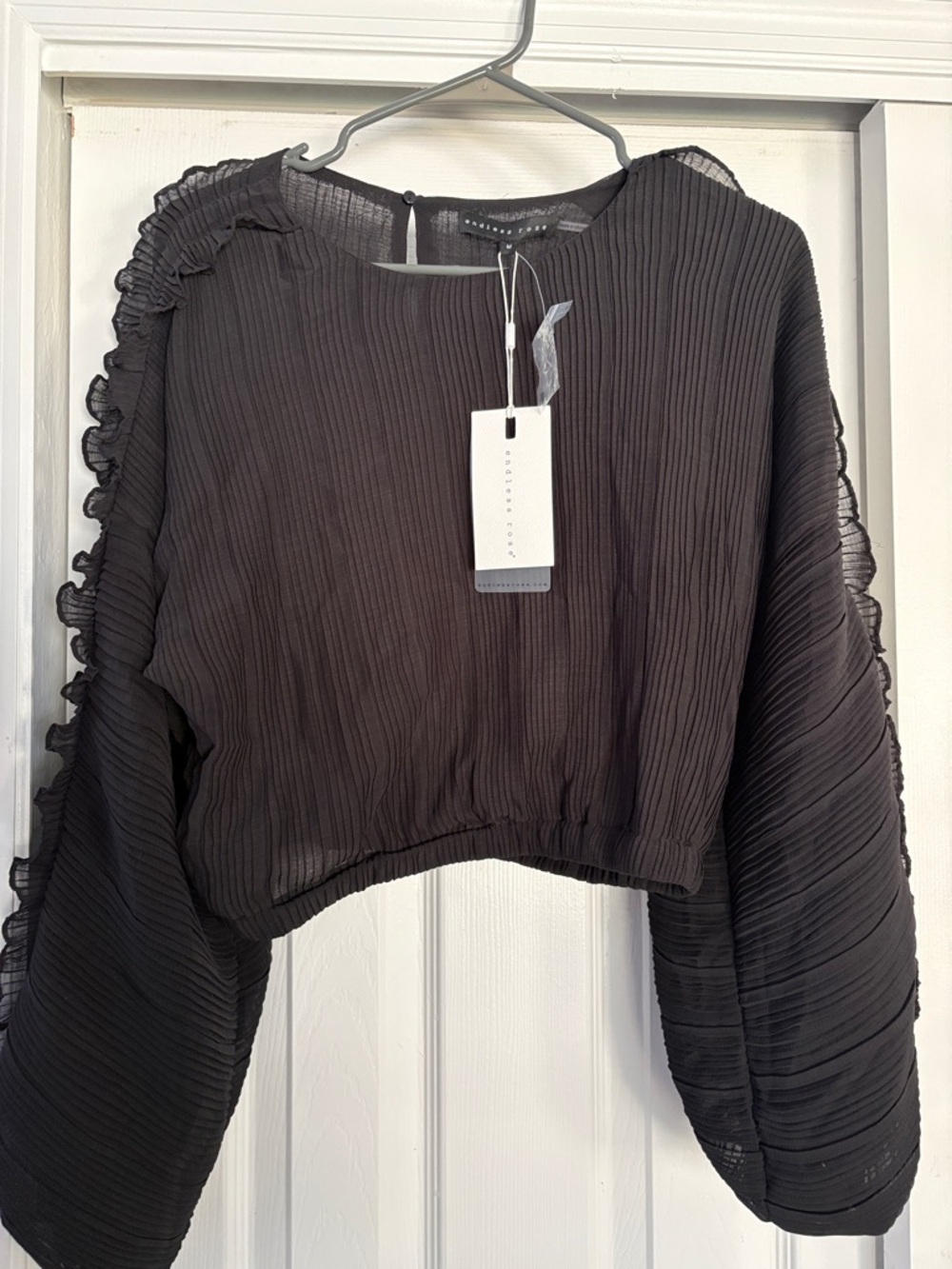 Endless Rose Black Pleated Ruffle Crop Blouse